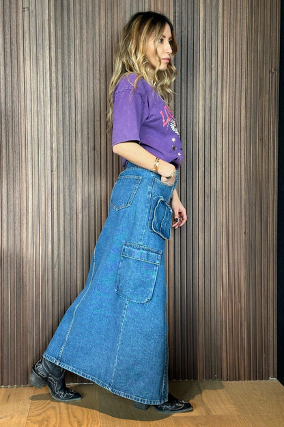 Maxi Gonna in Denim con Tasche a Marsupio-Paola.K-XS-Paola.K