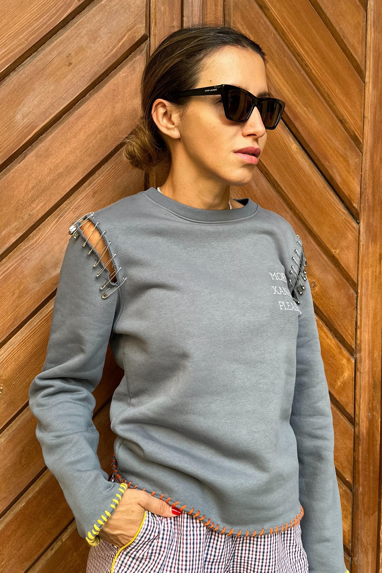 Felpa Unisex PaolaK Gray Wash Destroyed con Metal Work More Xanax Please "Limited Edition Pezzo Unico"-Unisex-Paola.K-XXS-Paola.K