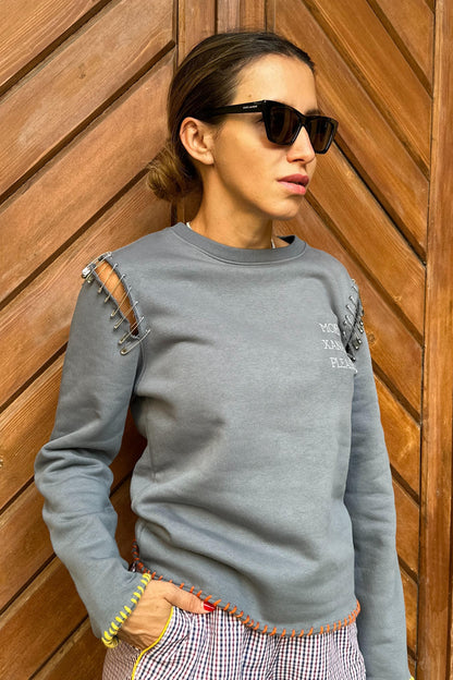 Felpa Unisex PaolaK Gray Wash Destroyed con Metal Work More Xanax Please "Limited Edition Pezzo Unico"-Unisex-Paola.K-XXS-Paola.K