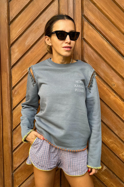 Felpa Unisex PaolaK Gray Wash Destroyed con Metal Work More Xanax Please "Limited Edition Pezzo Unico"-Unisex-Paola.K-XXS-Paola.K