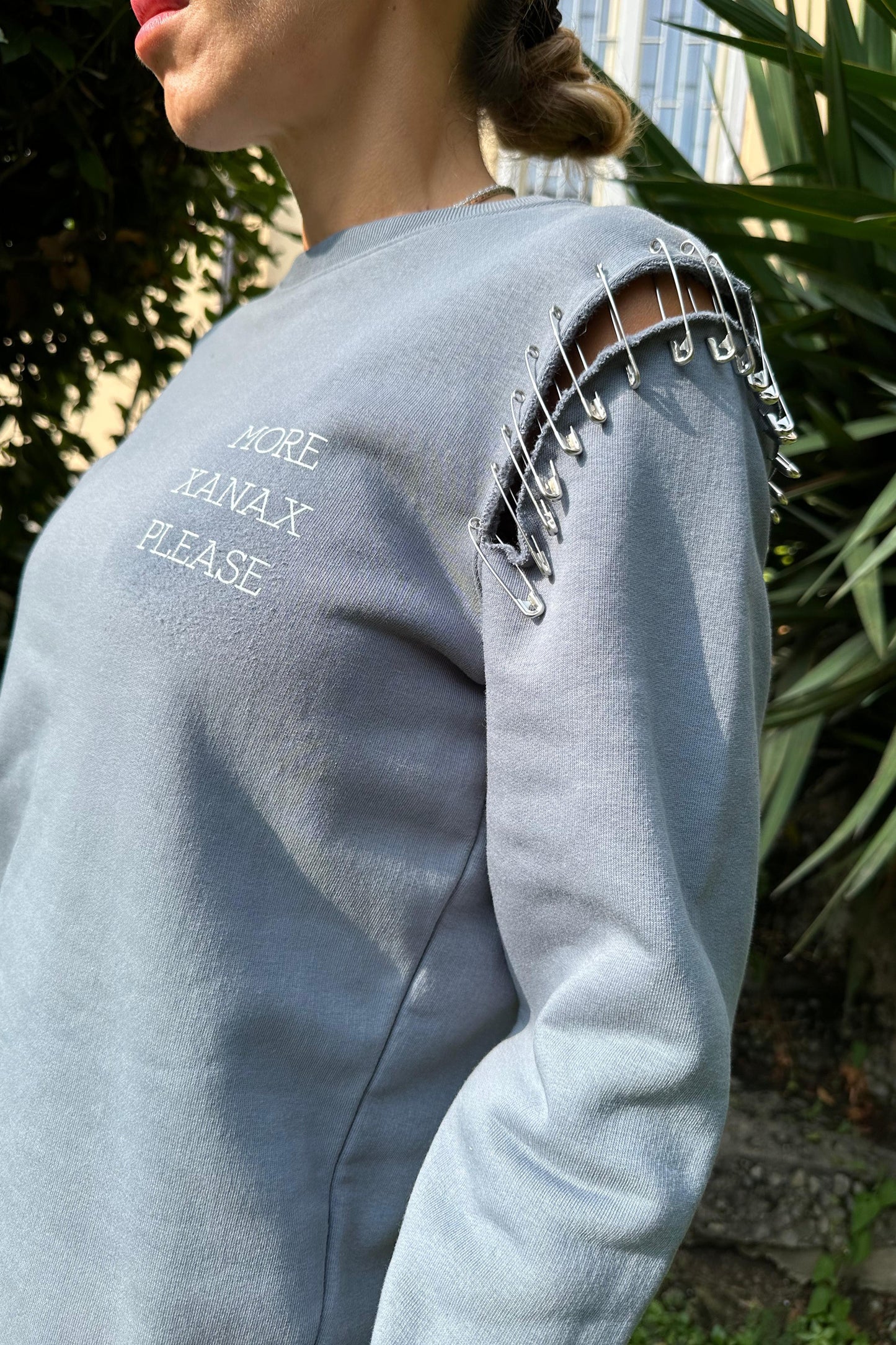 Felpa Unisex PaolaK Gray Wash Destroyed con Metal Work More Xanax Please "Limited Edition Pezzo Unico"-Unisex-Paola.K-XXS-Paola.K