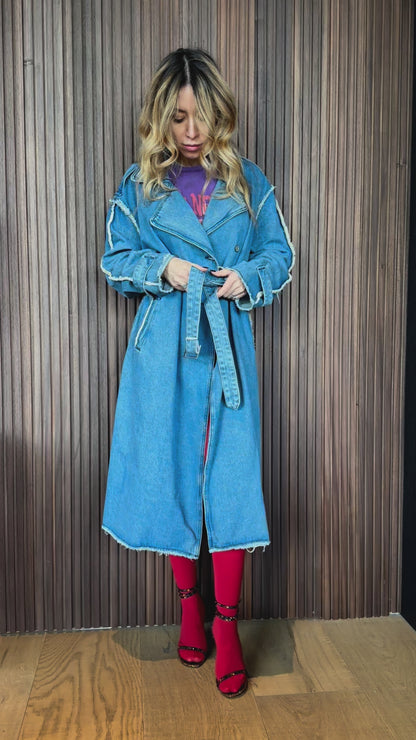 Denim Trench Coat with Raw Edges